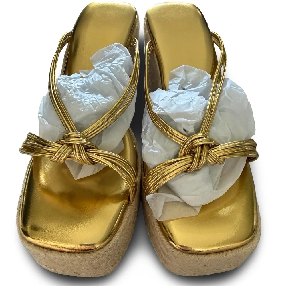 Gold Metallic Wedge Espadrille Platform Sandals Knotted Straps Square Toe Sz 6